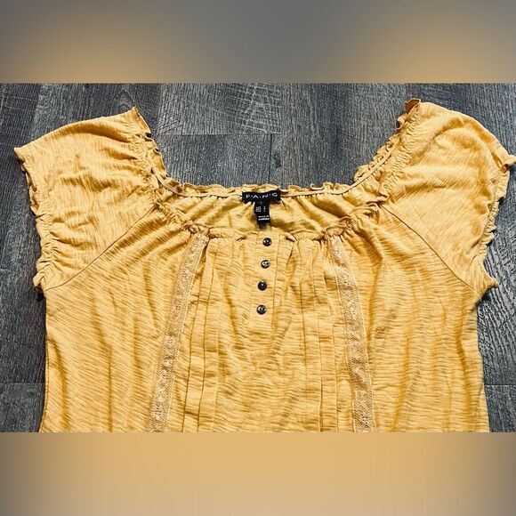 F.A.N.G. Mustard Yellow Boho Peasant Top L | Lace Trim & Bead Tie Accent - Picture 6 of 9